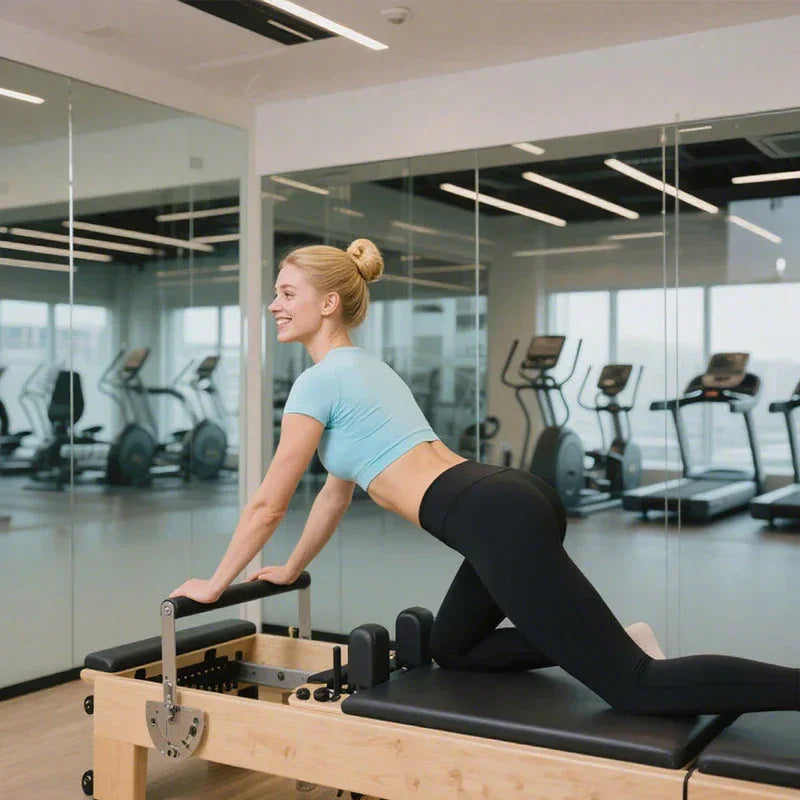 Woman performing a stretch on a Pilates reformer in a home gym, testimonial photo