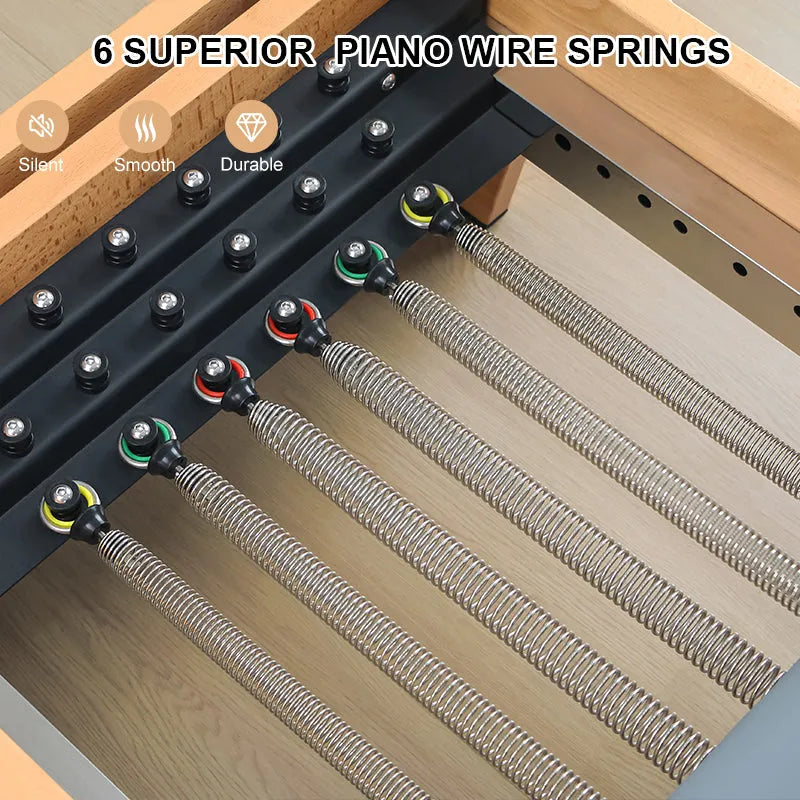 Close-up of the H80 reformer's 6 color-coded German piano wire springs under the carriage
