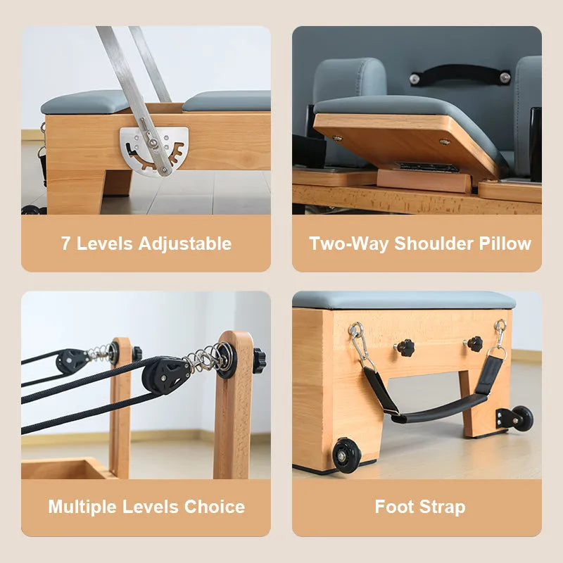H80 reformer detail grid: adjustable footbar levels, shoulder pillow, resistance settings, and foot strap
