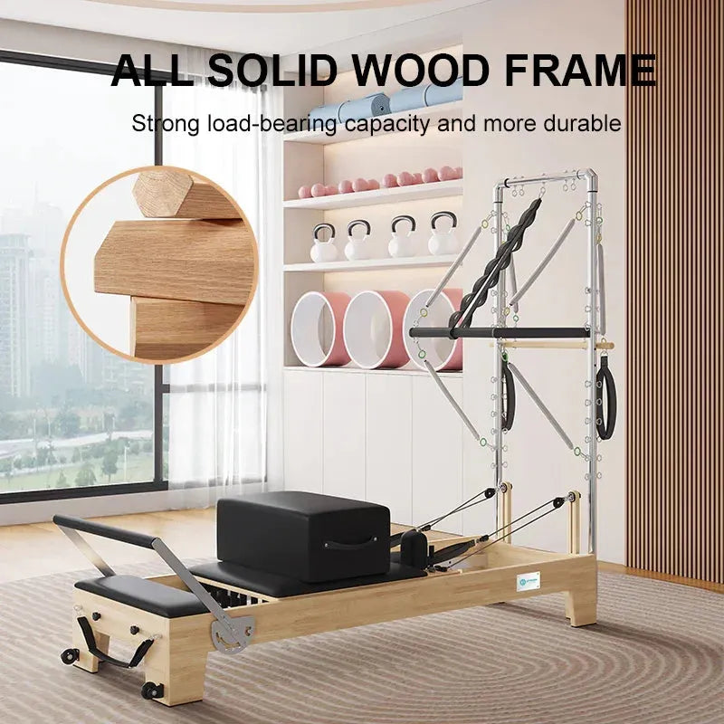 Close-up of the B60 reformer's solid maple wood frame construction in a home studio