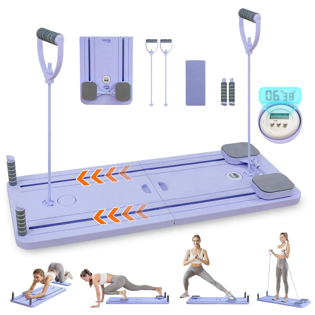 Set of fitness pilates board including a mat, resistance bands, and digital timer on a white background.