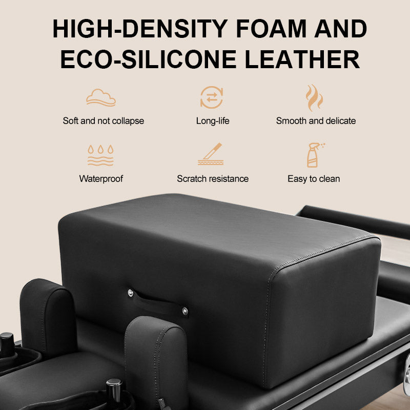 Black leather armrest with high-density foam and eco-silicone leather features on a beige background.