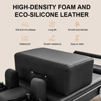 Black leather armrest with high-density foam and eco-silicone leather features on a beige background.