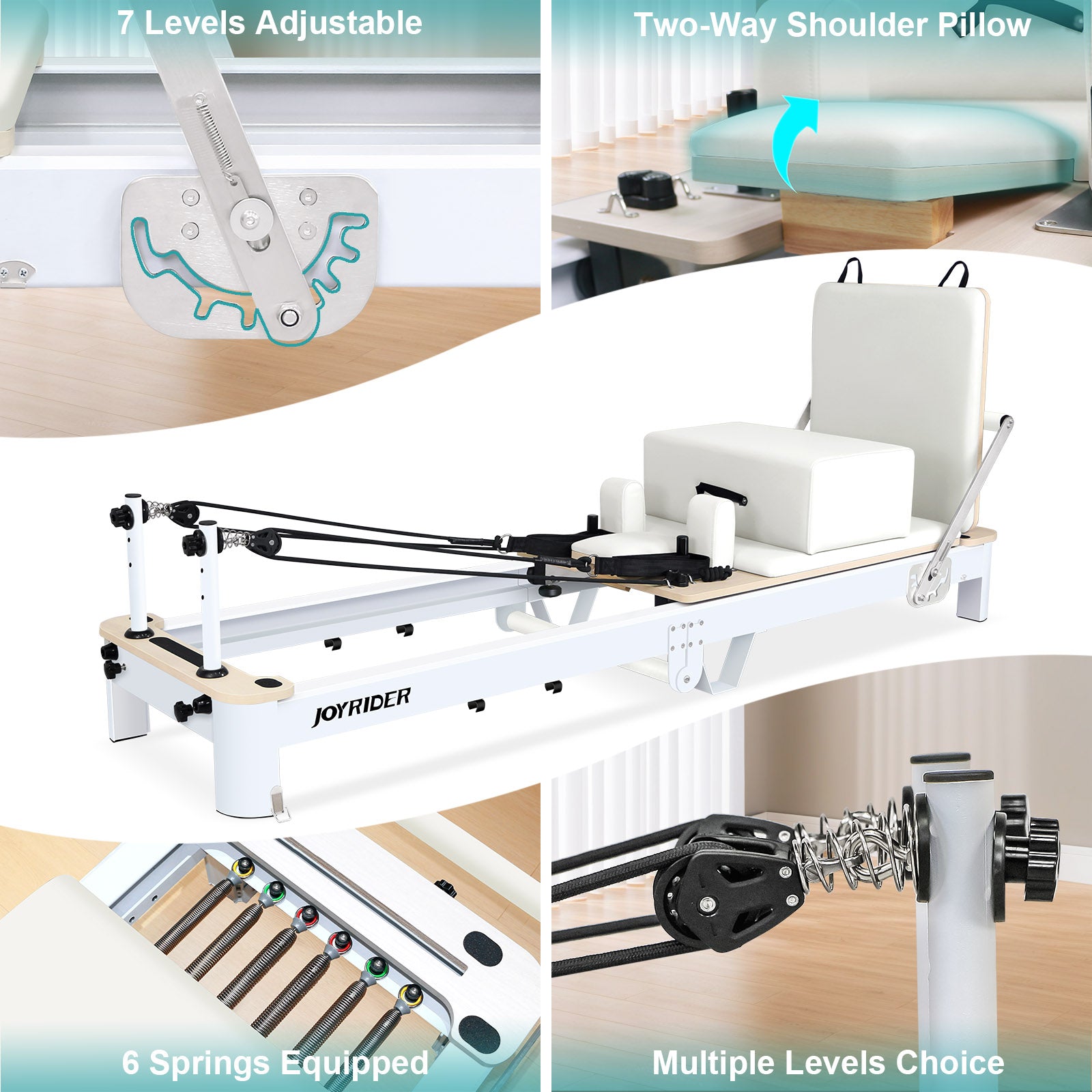 Collage of a adjustable foldable Pilates reformer with features highlighted. 7 level adjustable gear, two-way shoulder pillow, 6 spring  equipped, multipple levels choices.