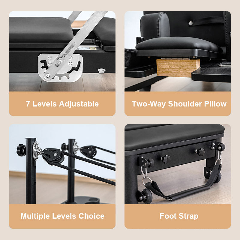 Collage of a massage table with adjustable features including levels, shoulder pillow, foot strap, and multiple level choice.