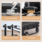 Collage of a massage table with adjustable features including levels, shoulder pillow, foot strap, and multiple level choice.
