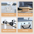 Collage of adjustable chair features including 7 levels adjustable, two-way shoulder pillow, multiple levels choice, and foot strap.