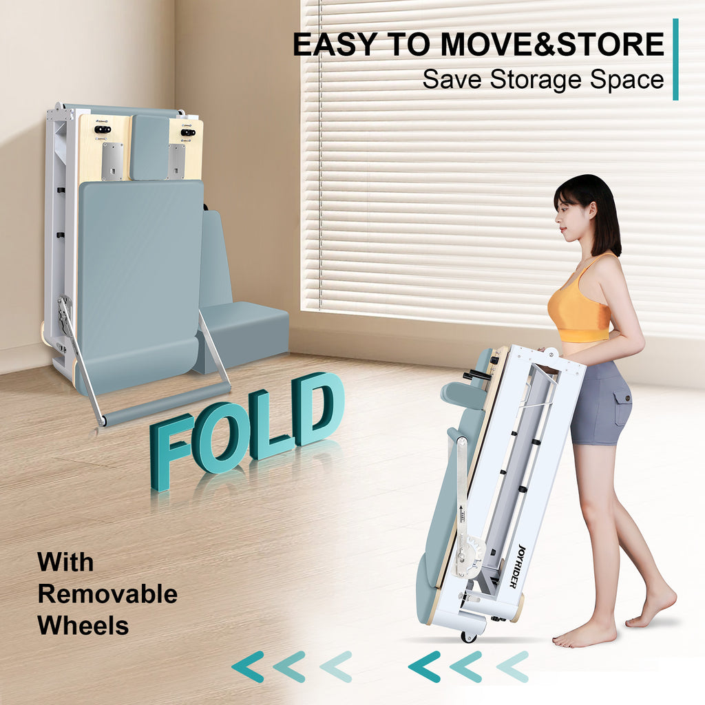 Foldable bed with text highlighting ease of movement and storage, woman holding folded bed.