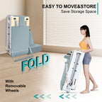 Foldable bed with text highlighting ease of movement and storage, woman holding folded bed.