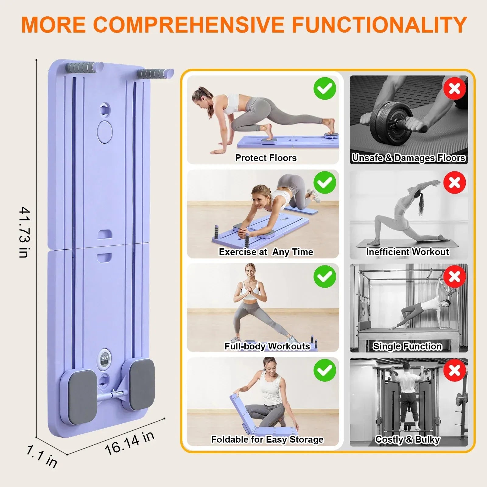 Foldable exercise mat with benefits and usage examples on a white background