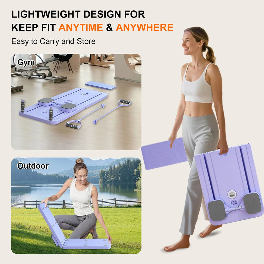 portable workout mat in various settings with text about its lightweight design.