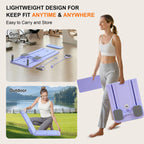 portable workout mat in various settings with text about its lightweight design.