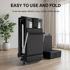 Black exercise machine with text about ease of use and storage in a room setting.