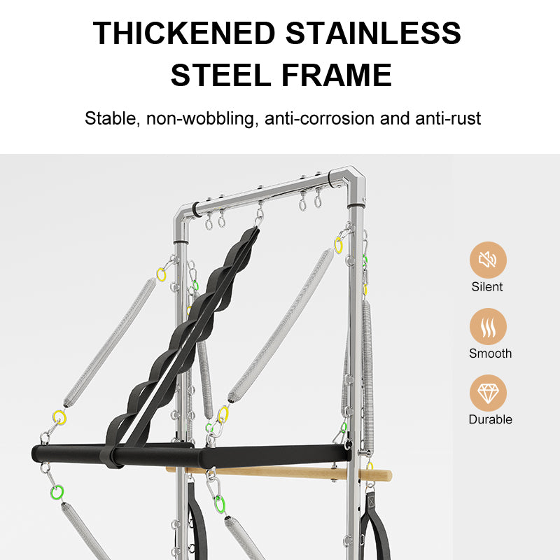 Joyrider B92 Pilates Reformer with Half Tower Stainless steel exercise frame with stable, non-wobbling, anti-corrosion and anti-rust. SILENT SMOOTH DURABLE