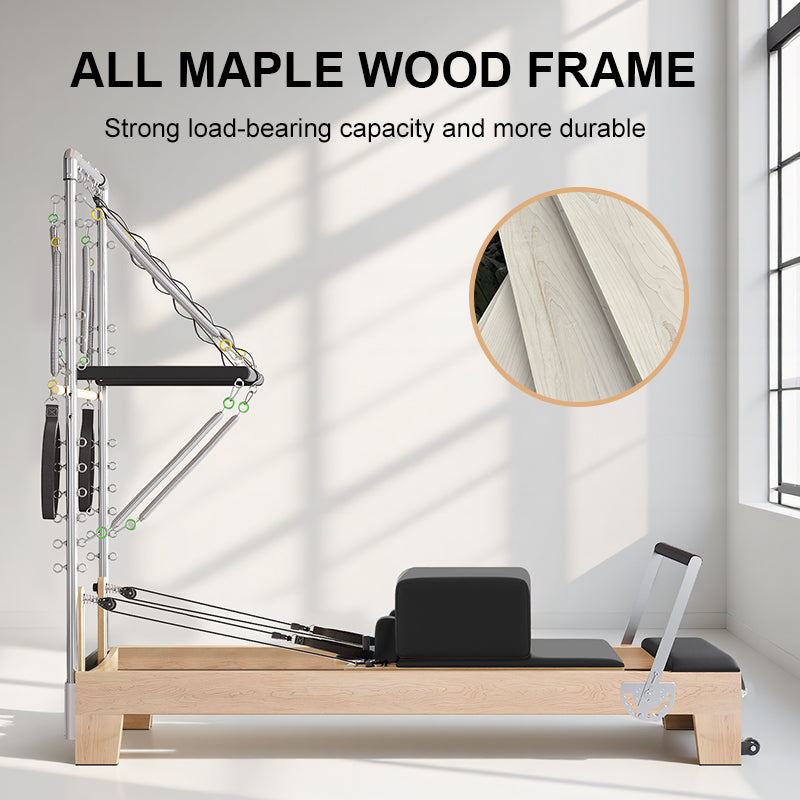 Joyrider B92 Pilates Reformer with Half Tower black Wooden reformer exercise machine with maple wood frame and load-bearing capacity and more durble