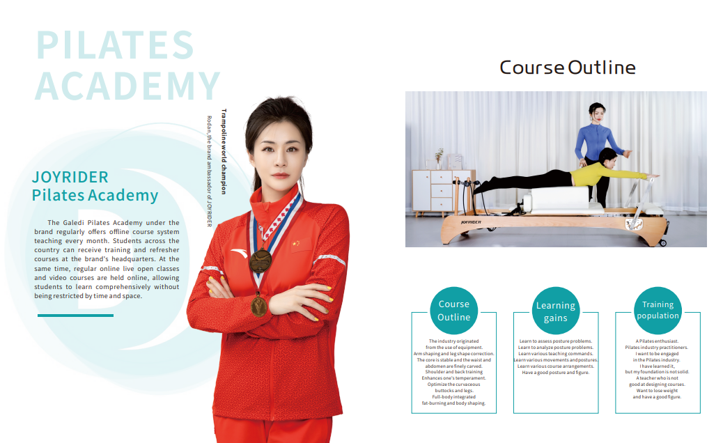 Pilates Academy promotional image with a woman in a red uniform and course outline details.