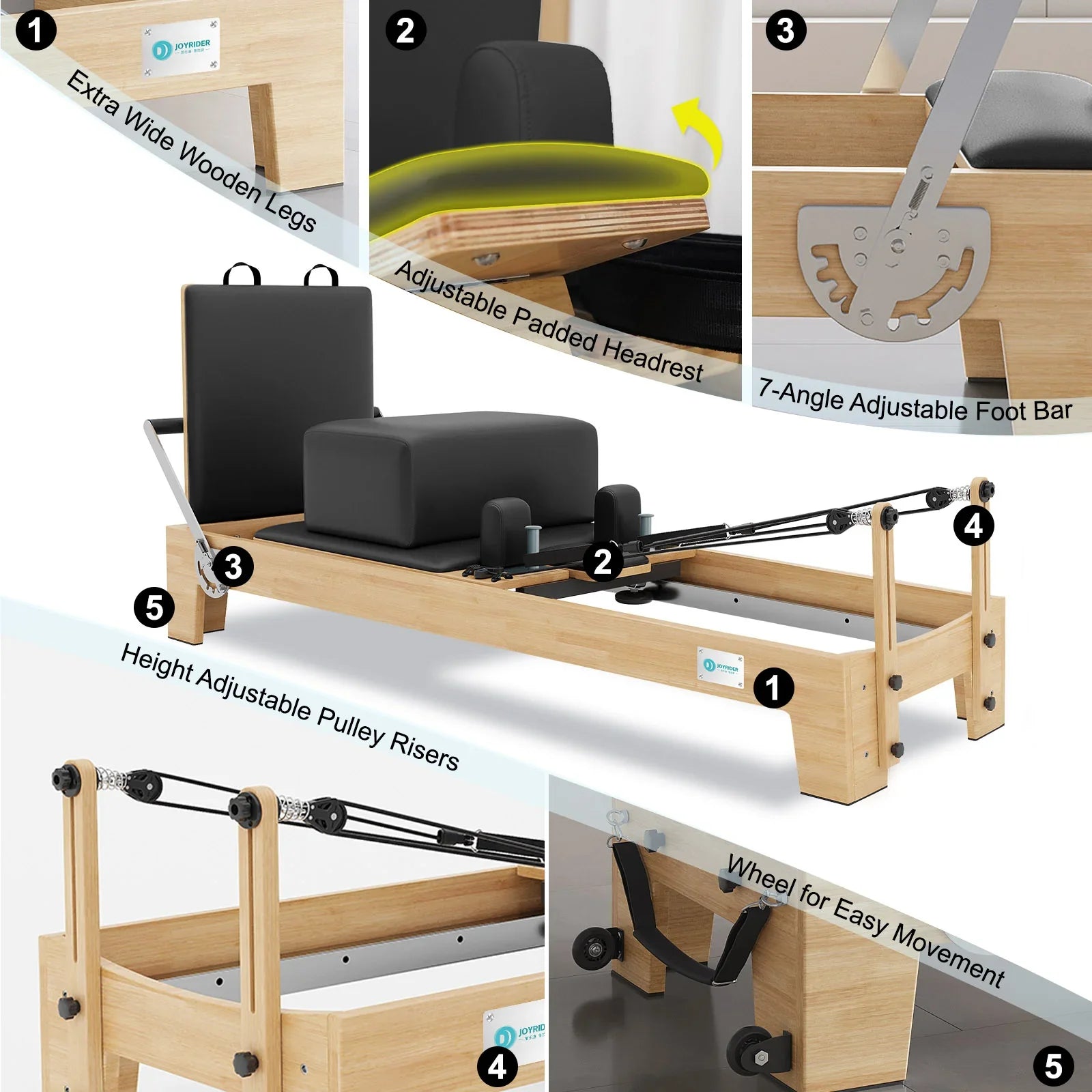 Joyrider Pilates Reformer with Extra wide wooden legs, Adjustable Padded Headrest, 7-Angle Adjustable Foot Bar,Height Adjustable Pulley Risers, Whell for Easy Movement