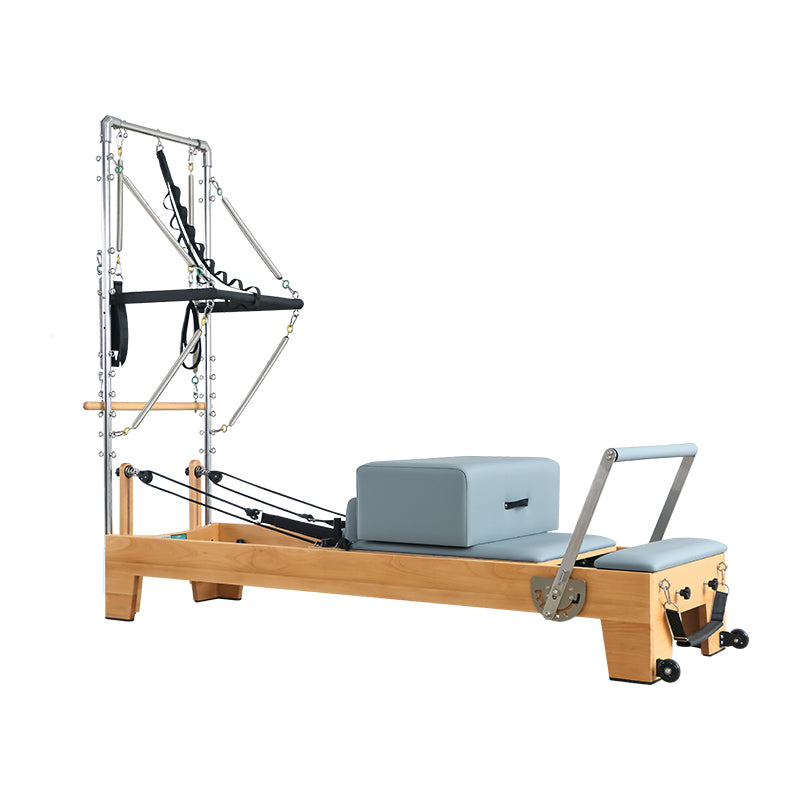 Joyrider Pilates Reformer with Half Tower - Wood Frame Reformer Machine with Cat Scratch Fabric | Joyrider B80 BLUE