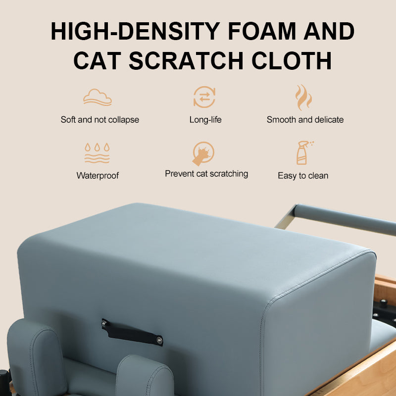 Joyrider Pilates Reformer with Half Tower Cat scratch cover cloth with high-density foam and scratch cloth features.