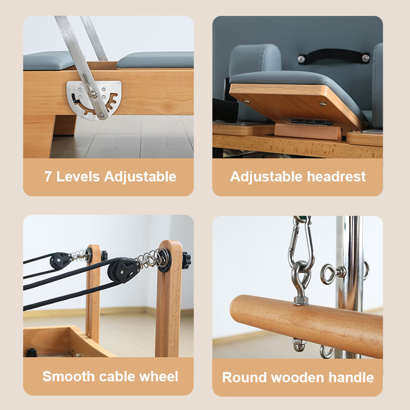 Joyrider Pilates Reformer with Half Tower Semi-elevated core bed with adjustable features and wooden components.