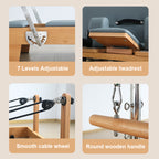 Joyrider Pilates Reformer with Half Tower Semi-elevated core bed with adjustable features and wooden components.