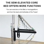 Joyrider Pilates Reformer with Half Tower Semi-elevated core bed with exercise equipment offers more functions- you can exercise on the mat or movingplatfrom, and the back and bothside oth the tower