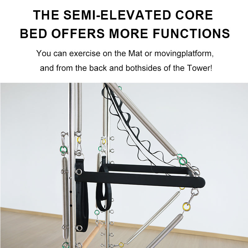 Joyrider Pilates Reformer with Half Tower Semi-elevated core bed with exercise equipment offers more functions- you can exercise on the mat or movingplatfrom, and the back and bothside oth the tower