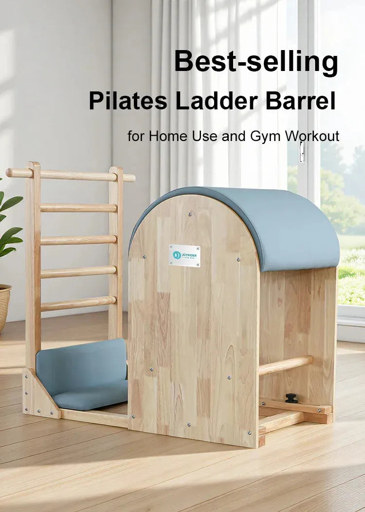 Joyrider Pilates ladder barrel with blue cushion, best-selling for home use and gym workout.