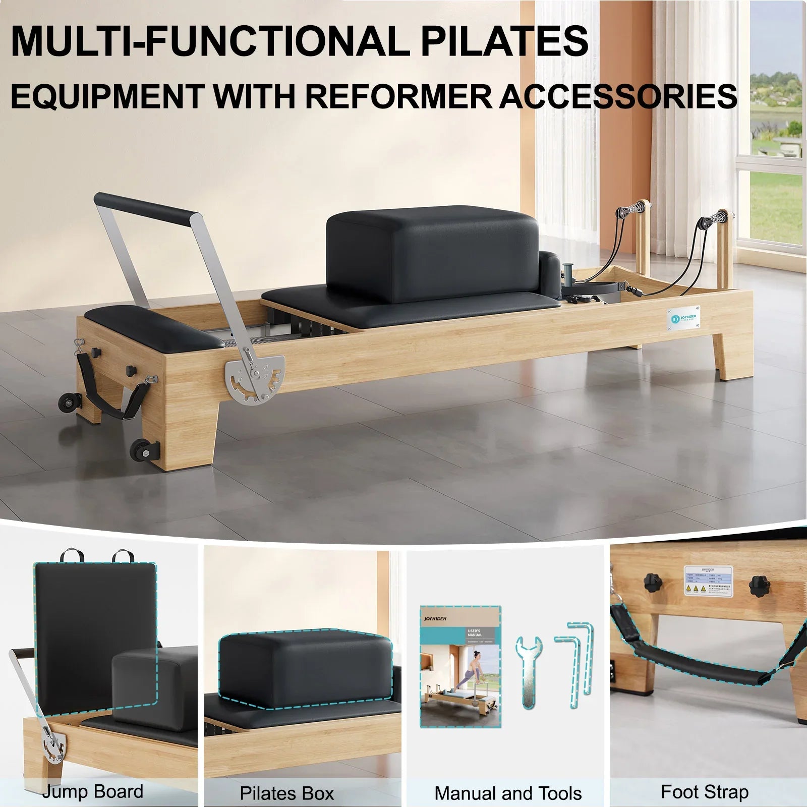 Multi-functional Pilates- Equipment with reformer accessories, Jump board, Pilates Box, Manual and Tools, Foot Strap