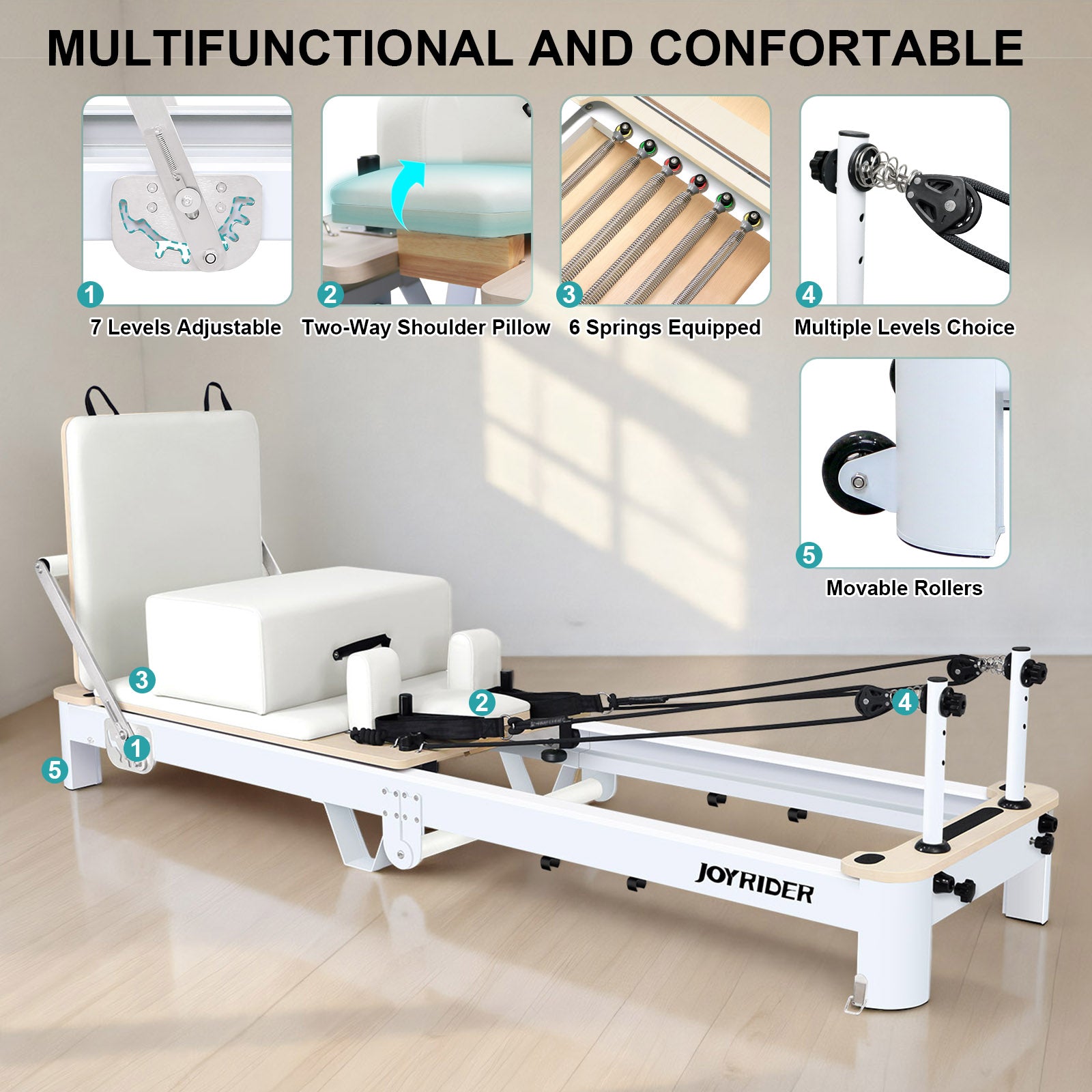 Multifunctional pilates core bed with adjustable foldable features and JOYRIDER branding on a neutral background