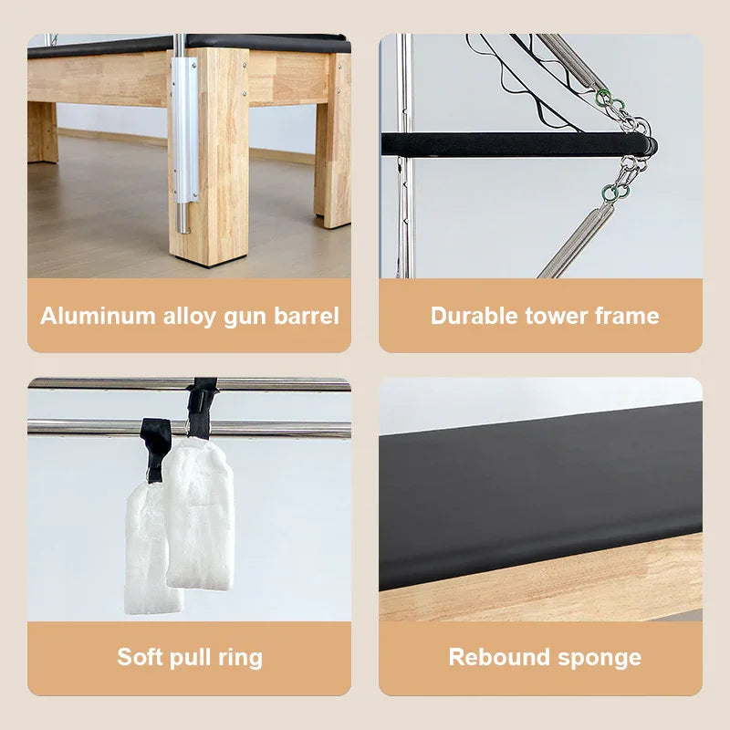 Pilates Reformer Cadillac Combo E60,  aluminum alloy gun barrel, durable tower frame, soft pull ring, and rebound sponge.