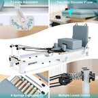 Pilates reformer machine with adjustable features and multiple angles shown. inlcude 7 levels Adjustble, Two way shoulder pillow, 6 german piano springs.