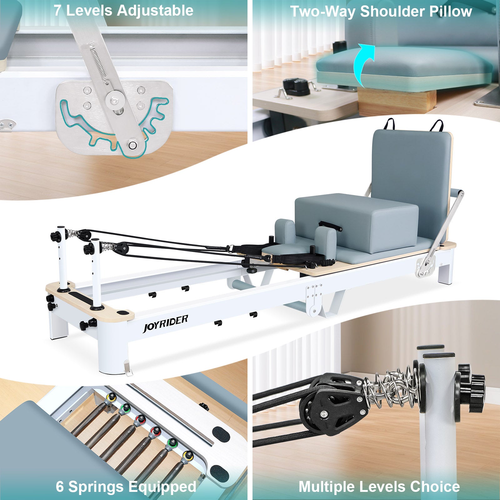 Pilates reformer machine with adjustable features and multiple angles shown. inlcude 7 levels Adjustble, Two way shoulder pillow, 6 german piano springs.