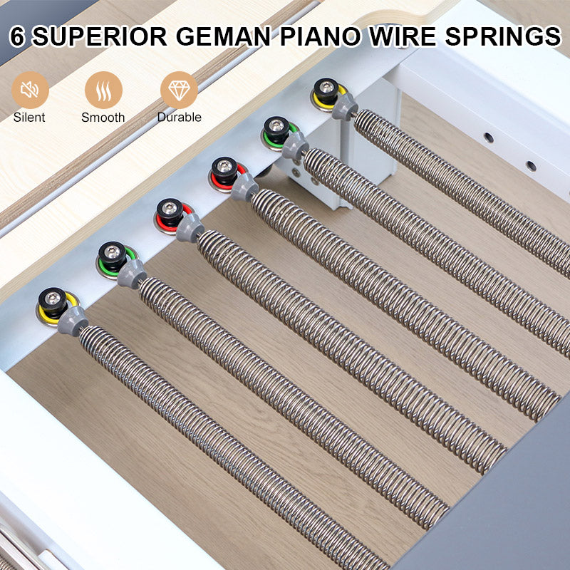 Piano wire springs with visible brand name and feature icons on a wooden surface.