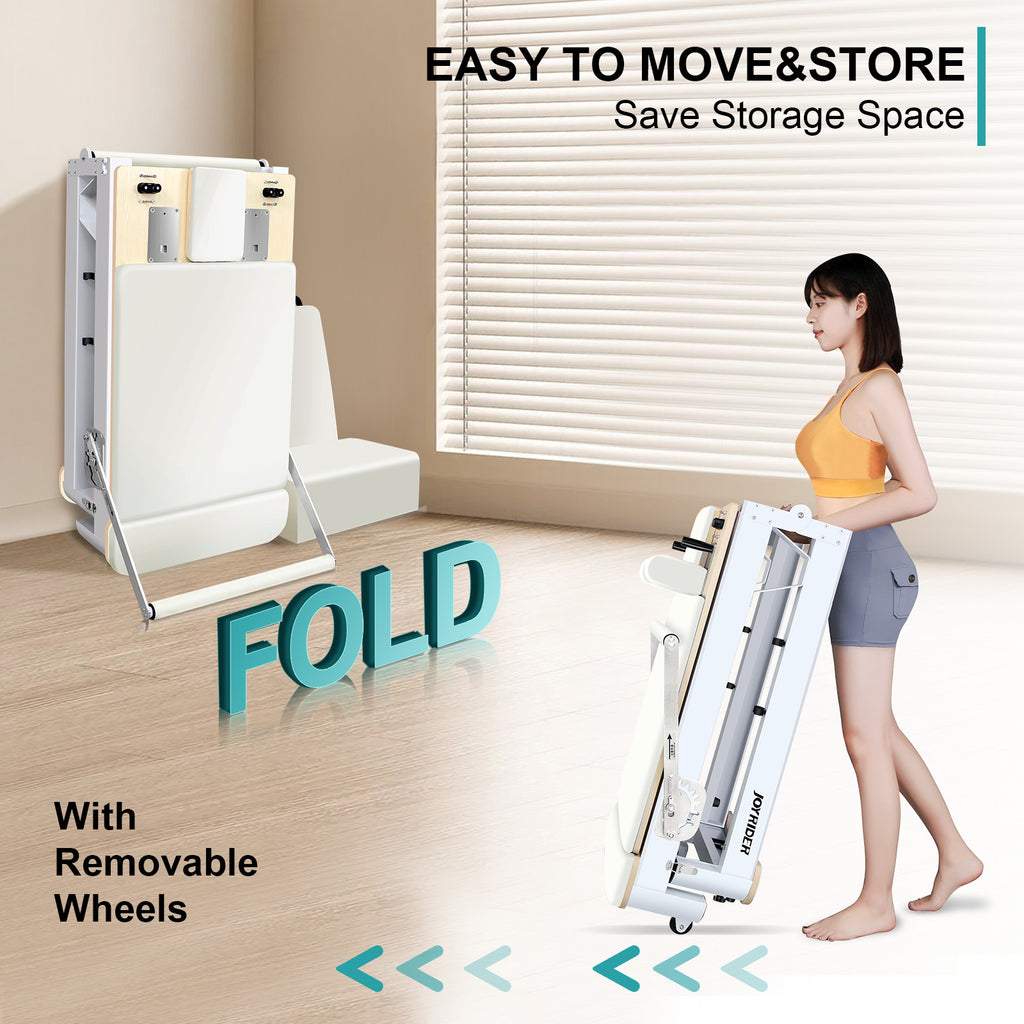 Foldable bed with wheels being shown by a woman, emphasizing ease of movement and storage. Professional using foldable pilates reformer for home workout