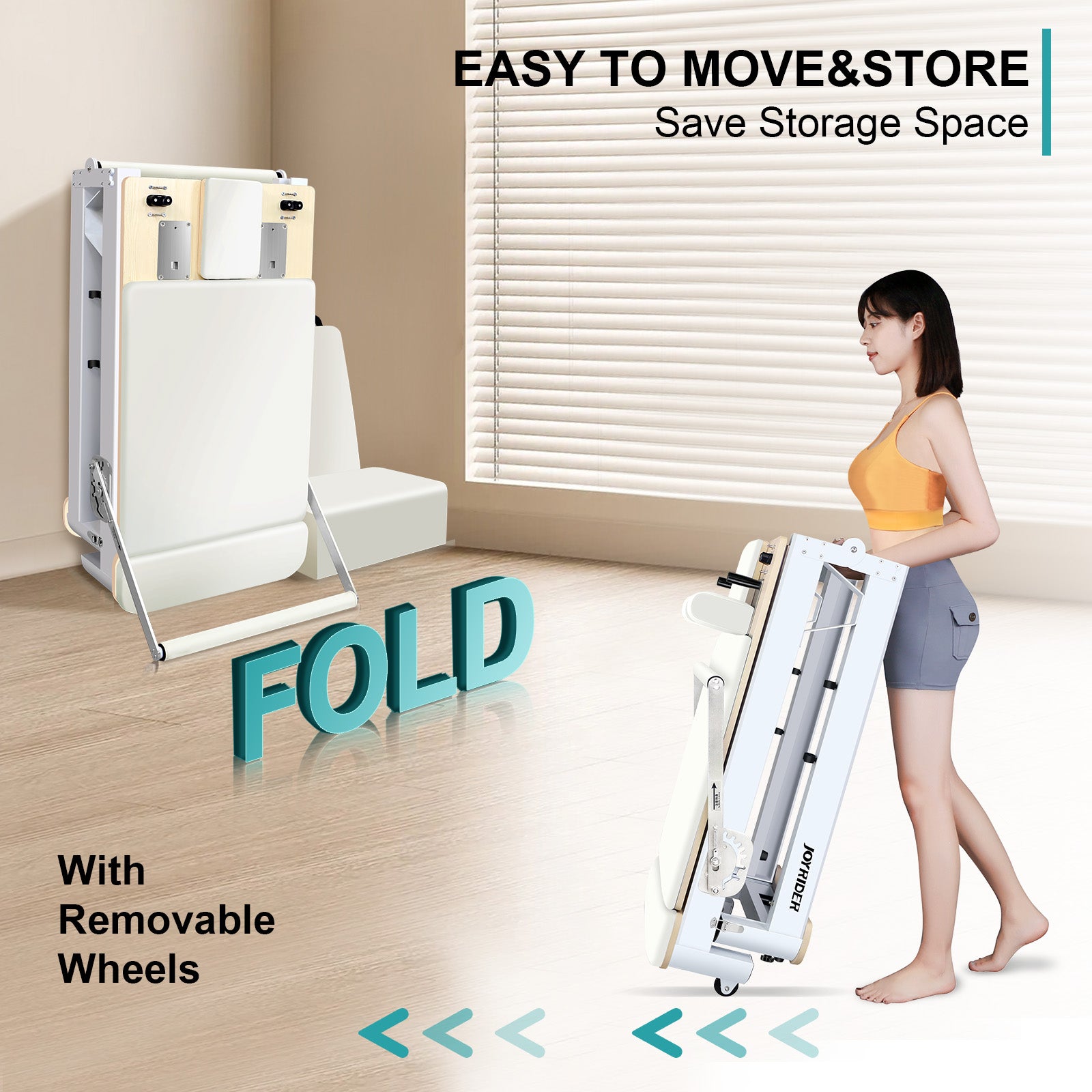 Foldable bed with wheels being shown by a woman, emphasizing ease of movement and storage. Professional using foldable pilates reformer for home workout
