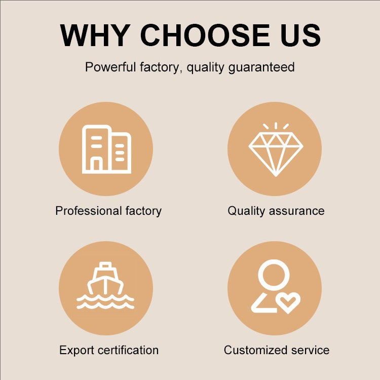 Promotional graphic highlighting reasons to choose a factory with icons and text on a beige background.