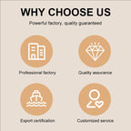Promotional graphic highlighting reasons to choose a factory with icons and text on a beige background.