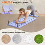 Woman using a purple exercise mat with text about weight capacity and floor compatibility.