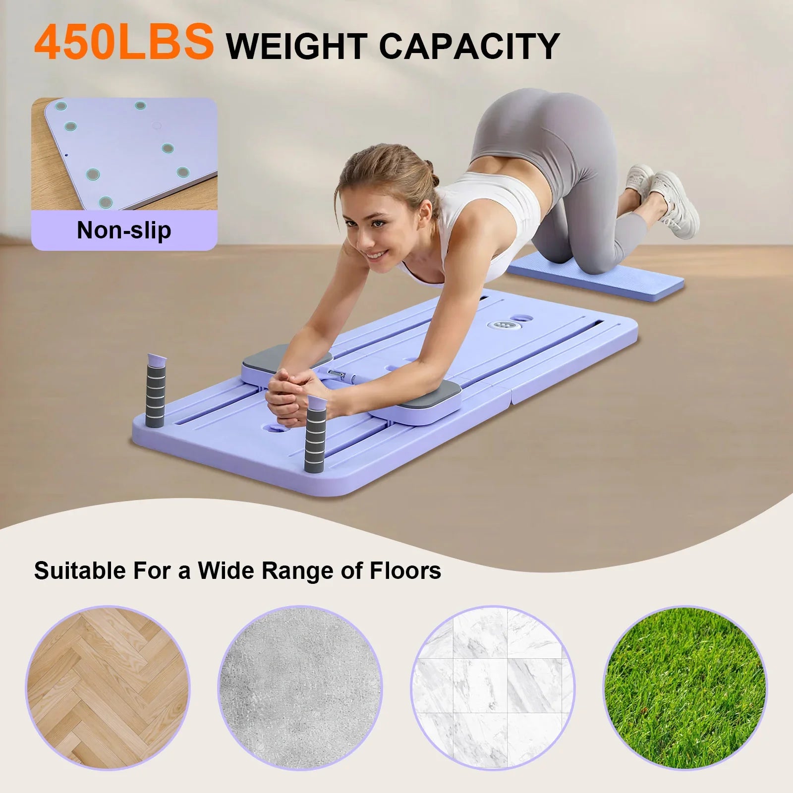 Woman using a purple exercise mat with text about weight capacity and floor compatibility.