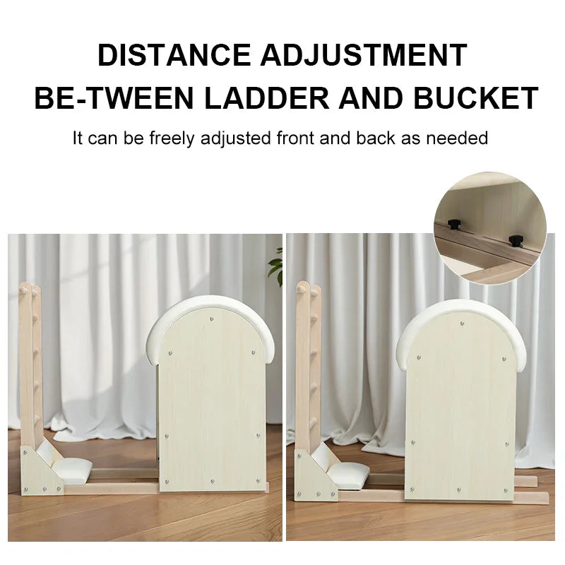 Wooden ladder and bucket setup with distance adjustment feature on freely ajustable fron and back
