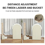 Wooden ladder and bucket setup with distance adjustment feature on freely ajustable fron and back