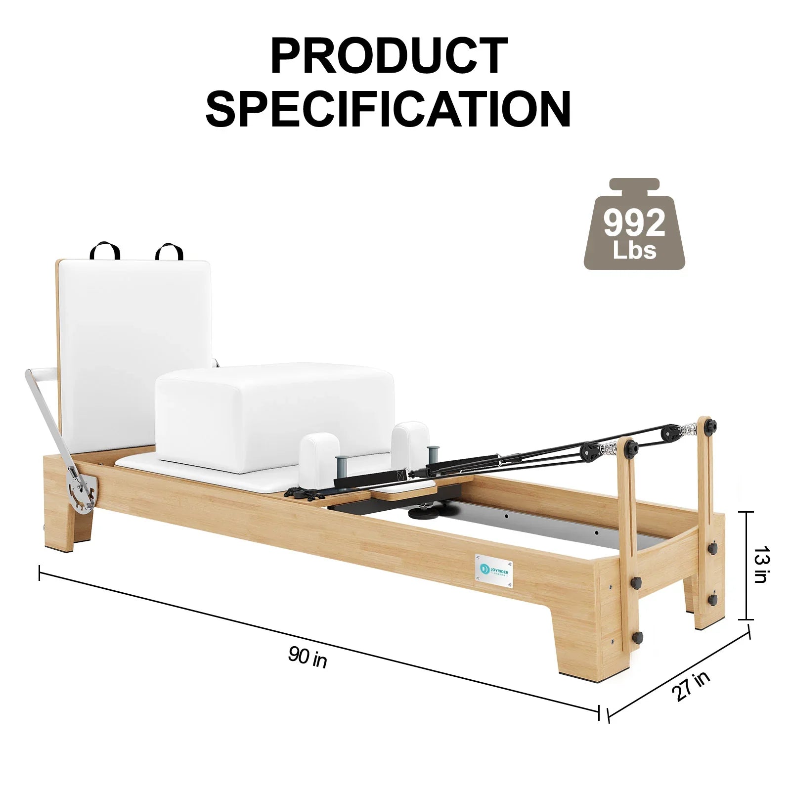 Wooden reformer bed with dimensions and weight capacity 992 Lbs