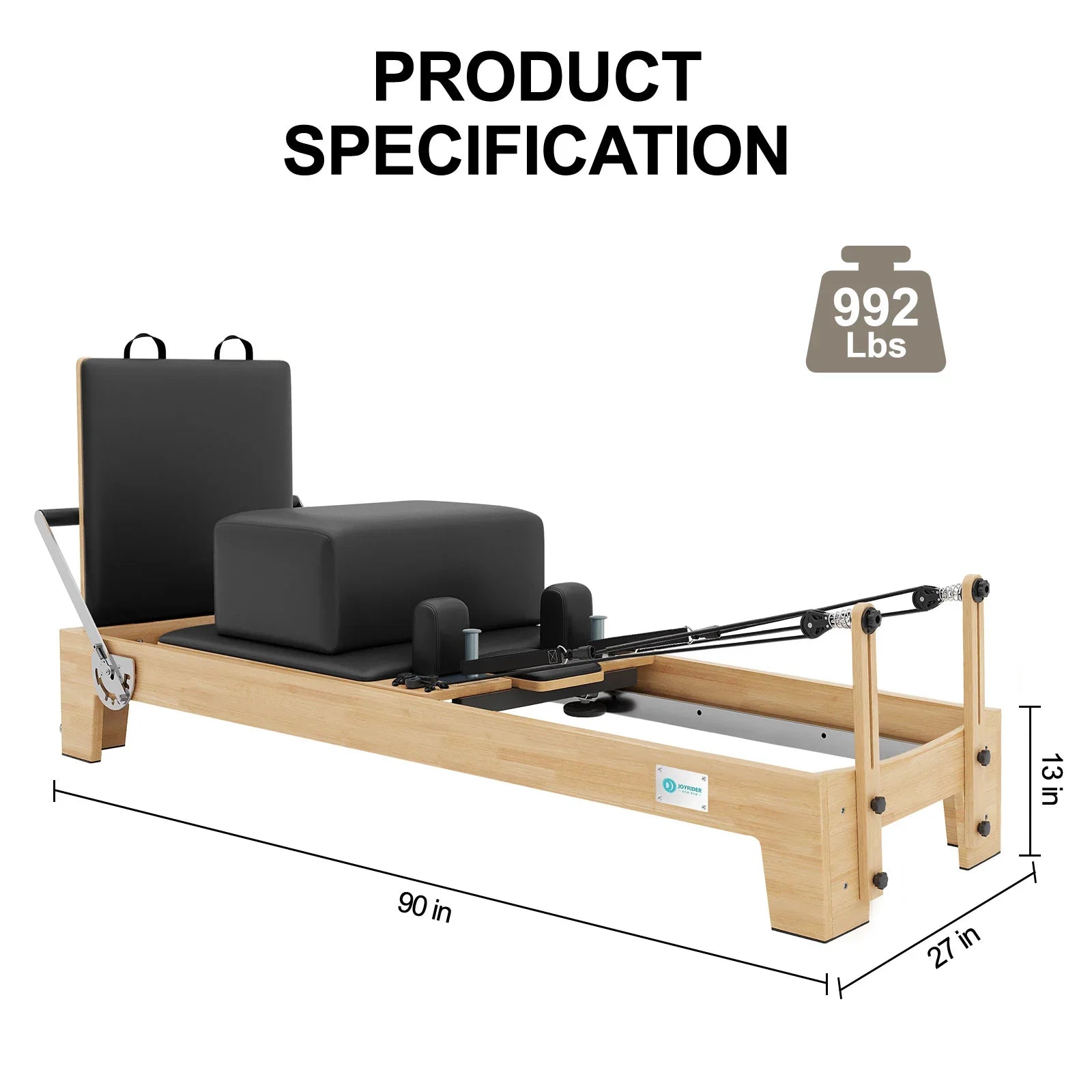 Wooden reformer bed with dimensions and weight capacity 992 Lbs black