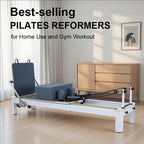 Pilates reformer machine in a home setting with text about best-selling reformers for home use and gym workout.