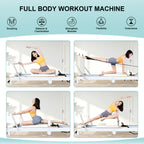 Woman using a Pilates reformer machine with various exercises demonstrated.
