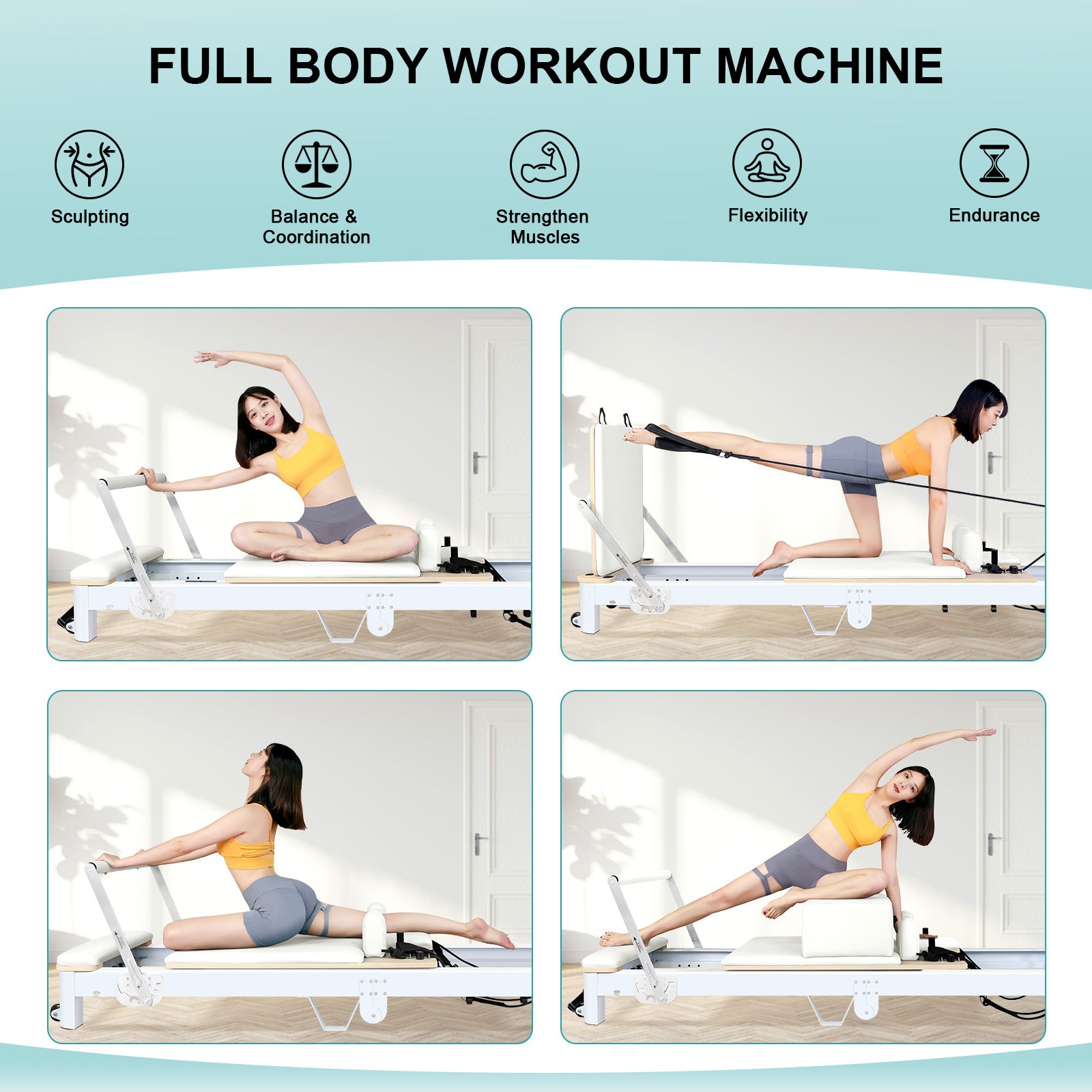 Woman using a Pilates reformer machine with various exercises demonstrated.