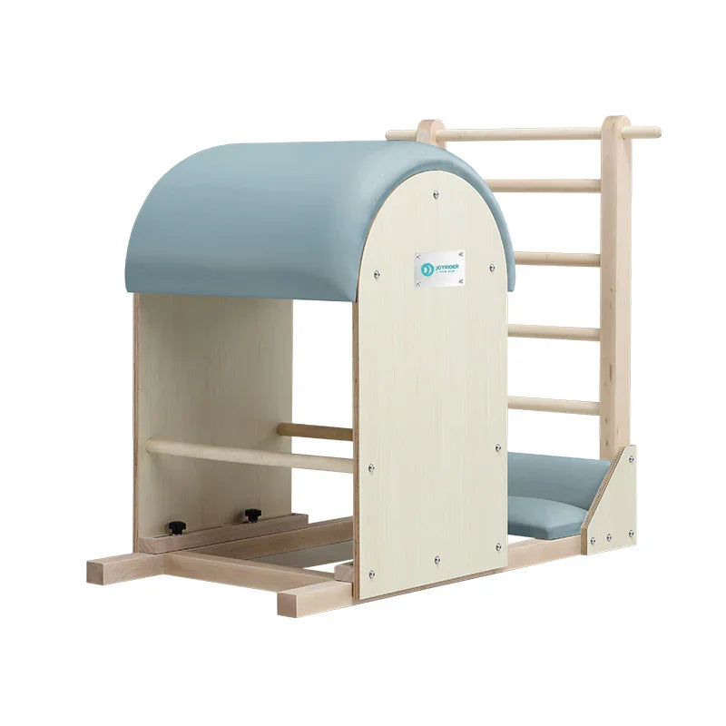 wooden lader barrel climbing frame with blue cushioned top and beige sides on a white background